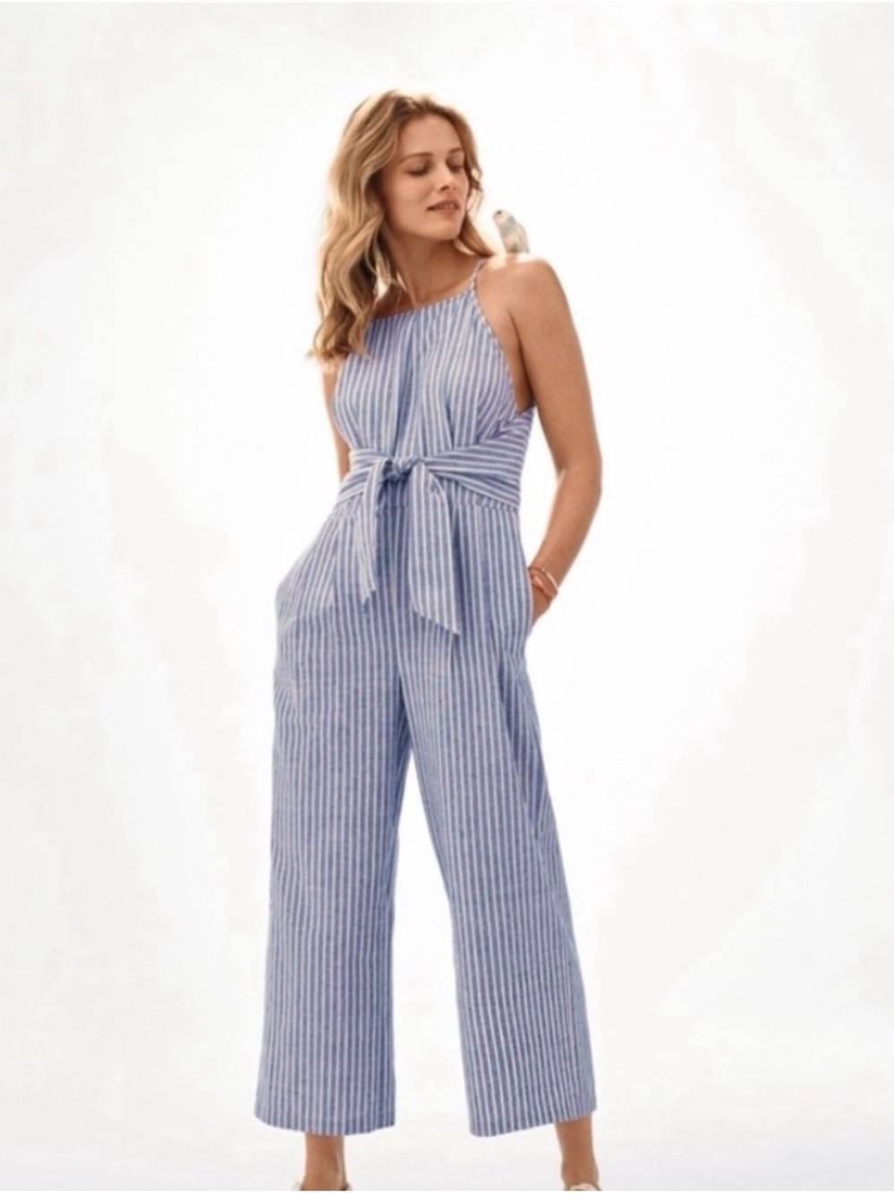 ANTHROPOLOGIE Greylin Striped Tie-Waist Linen Jumpsuit